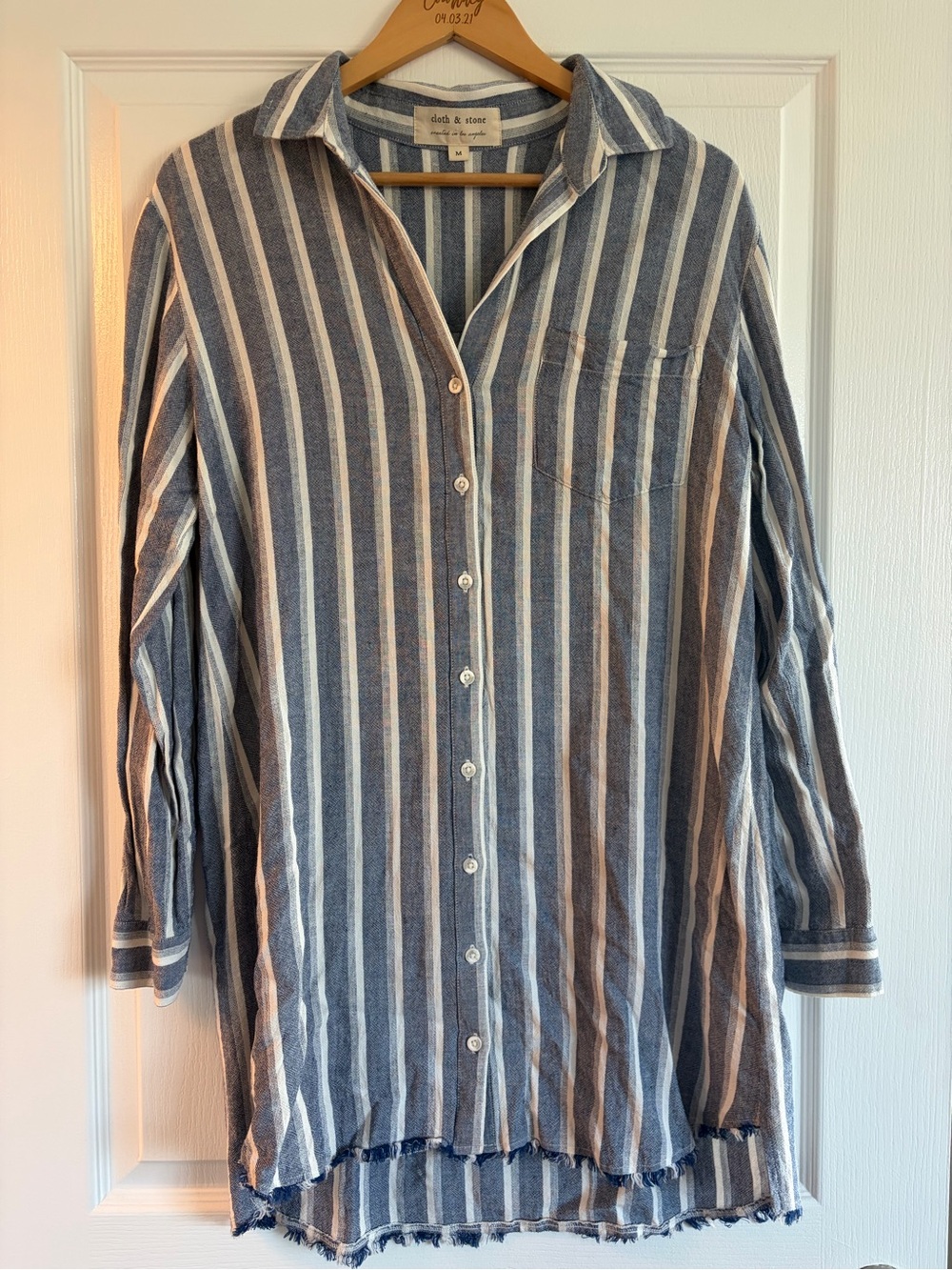 Cloth & Stone Striped Roll Tab Sleeve, Fringe Hem Shirt Dress